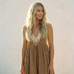Free People Breathless Brown ivory Martini Lace Crinkle summer Dress Size Medium